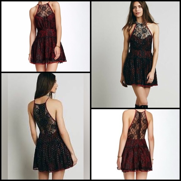 Free People Wish Upon A Star Black Burgundy Lace Halter Coquette Vampy Dress 2 - Picture 1 of 16